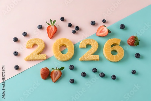 New Year 2026 Food Art with Fresh Berries and strawberries flat Lay.