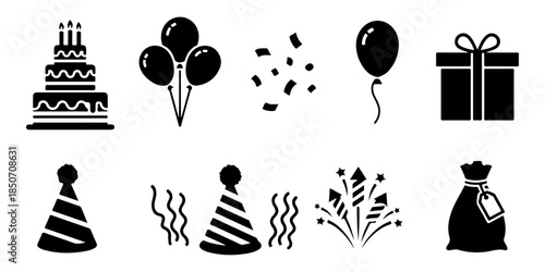 Versatile collection of festive celebration and party icons, featuring essential elements like birthday cakes, balloons, gifts, and hats, perfect for event design and cheerful announcements