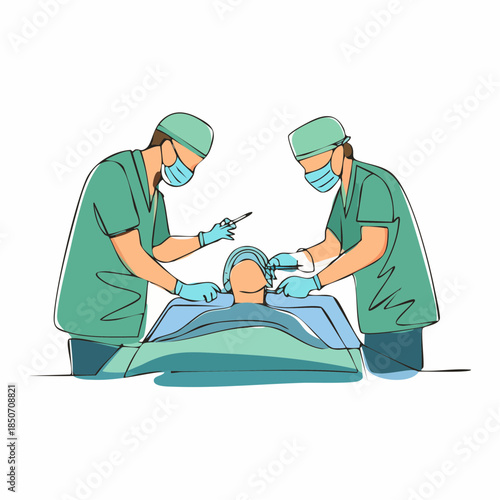 Single continuous single line drawing group of team surgeon doctor doing surgery operation to the patient with critical condition.