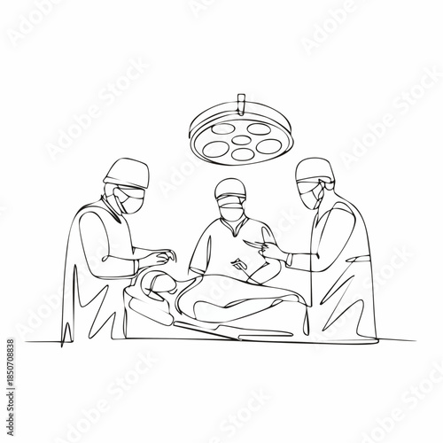 Single continuous single line drawing group of team surgeon doctor doing surgery operation to the patient with critical condition.