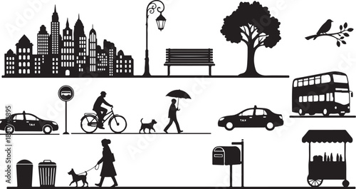 Urban city life with people and transportation