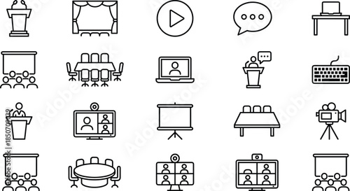 Business conference and presentation icons illustrating meetings, public speaking, video conferencing, communication tools, seminar training, and corporate event setups in clean line style