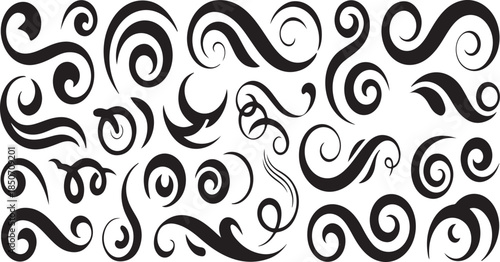 Collection of thirty black abstract decorative swirls and ornamental flourishes on a white