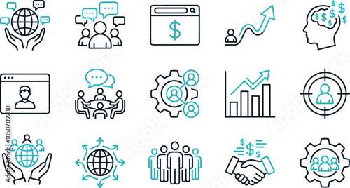Business communication and teamwork icons collection illustrating global collaboration, financial growth, leadership, analytics, marketing strategy, and human resource management in modern line style.