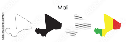 Mali country map set with outline, solid silhouette, and national flag version.