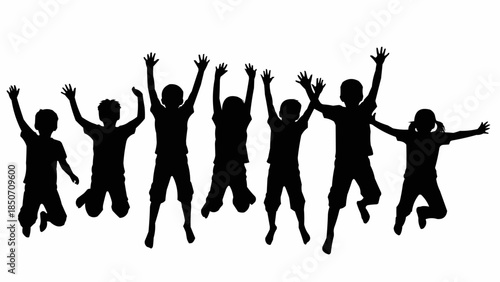 Silhouette of a group of happy children jumping in the air.