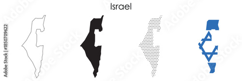 Israel country map set with outline, solid silhouette, and national flag style.