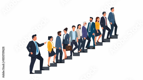 Business team climbing stairs together towards success.