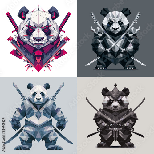 Stylized panda samurai illustration set with swords and geometric armor forming a fierce yet modern animal warrior mascot for gaming esports and action branding.