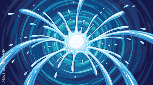 Abstract Blue Water Splash Background with Dynamic Liquid Droplets Spiraling Ripples and Fresh Motion for Summer Drinks and Marine Design