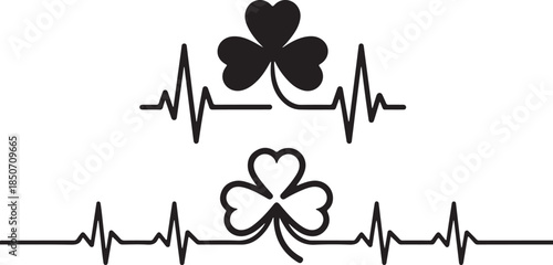 Black electrocardiogram lines with shamrock clover symbols on white background 