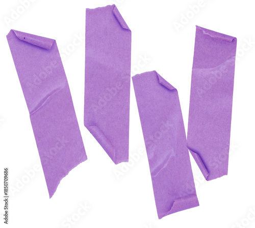 Fotografie minimalist photograph showcasing multiple pieces of purple washi tape scraps against a stark transparent background, ideal for abstract artistic themes