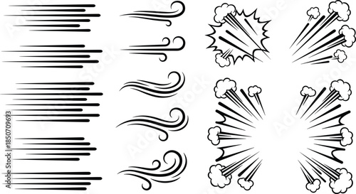 Vector Set of Comic Speed Lines Wind Swirls and Explosion Smoke Blast Icons for Manga Animation Motion Graphics and Pop-Art