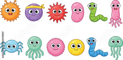 Cute Cartoon Microorganism and Virus Character Set with Friendly Bacteria Germs Pathogens and Colorful Microbes for Kids Health and Science Education