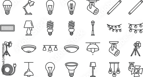 Collection of modern lighting and lamp line icons featuring bulbs, fixtures, spotlights, lamps, and decorative lights in clean minimalist vector design