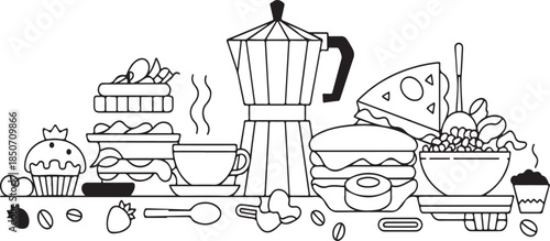 Black and white line of breakfast and coffee on white background breakfast, coffee