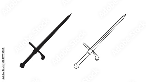 Two swords one solid black and one outlined are diagonally positioned