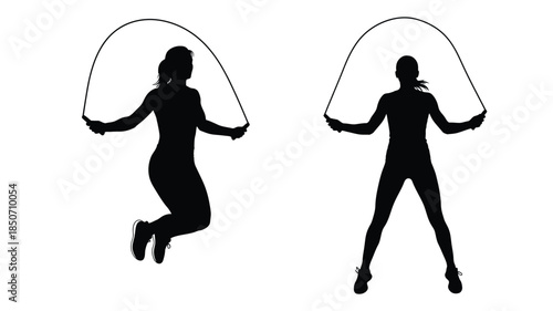 Two silhouettes of women jumping rope in a dynamic athletic pose