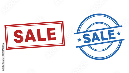 Two sale stamps one red rectangle and one blue circle isolated on white