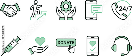 Community support and charity service icons illustrating donations, healthcare help, communication assistance, customer service, and positive social impact in clean modern style