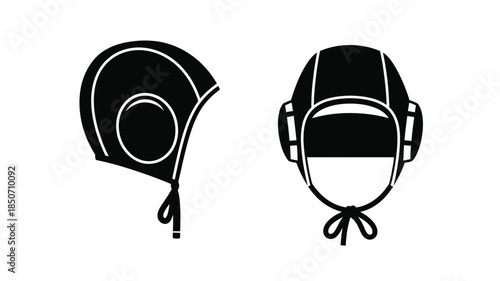 Two distinct black and white helmet designs displayed in profile and front views