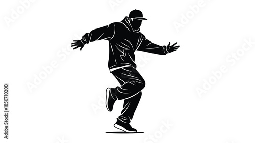 Dynamic silhouette of a person in motion wearing a cap and hoodie