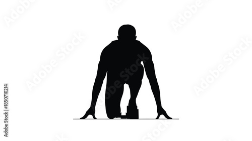 Silhouette of a runner in starting position against a white background