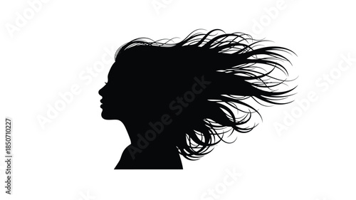 Silhouette of a woman s face with flowing hair in black and white