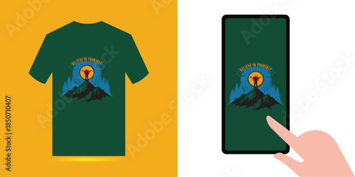Green T Shirt With Mountain On Screen And Hand tshirt phone