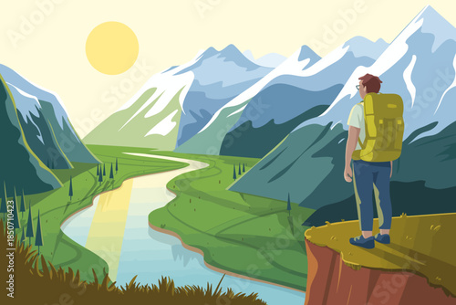 A captivating illustration of a hiker standing atop a mountain, gazing at a breathtaking sunset, reflecting adventure, exploration, and the beauty of nature in a serene landscape.
