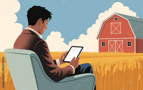 A man sits comfortably in an armchair, reading on a tablet while surrounded by golden fields and a red barn in the background, highlighting rural peace and tranquility.