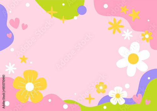 a pink and yellow background with flowers and hearts