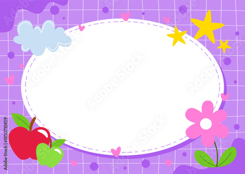 a purple background with an apple, star and flowers