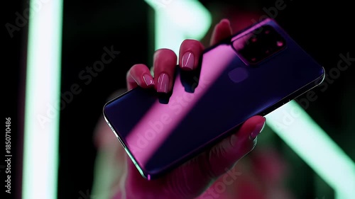 Wallpaper Mural Hand holding a modern smartphone with a vibrant purple glow, surrounded by neon lights in a dark setting, showcasing technology and nightlife. Torontodigital.ca