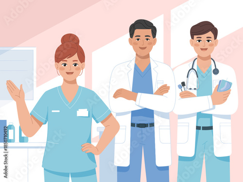 An engaging illustration of a healthcare team consisting of doctors and nurses, showcasing collaboration and commitment to patient care with professionalism.
