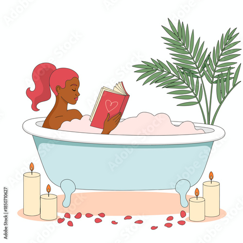 This serene image depicts a woman comfortably resting in a bath, reading a book amidst a calming atmosphere enhanced by candles and tropical greenery, promoting relaxation.