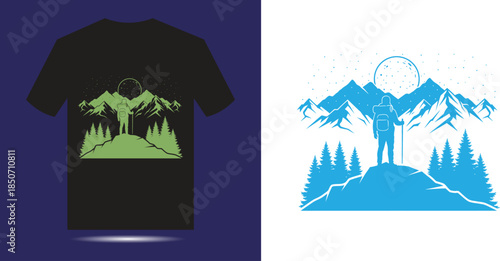 Hiker standing on mountain peak with trees and moon tshirt