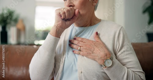 Hands, old woman and cough with chest pain on sofa with heart attack, breathing crisis and cardiac. Cardiovascular, senior person and discomfort in home with artery pressure and pulmonary emergency