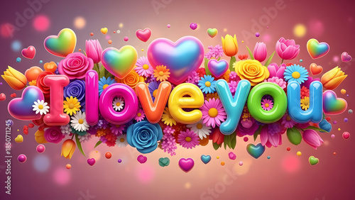Vibrant colorful flowers and hearts spell out I love you