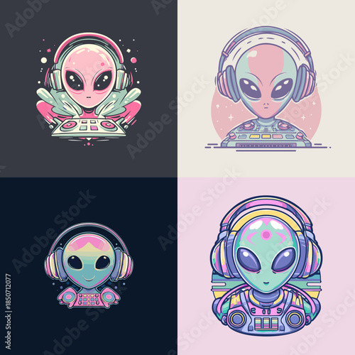Cute alien dj illustration wearing headphones and operating a turntable with pastel colors and friendly style ideal for music branding stickers kids designs and playful sci fi art.