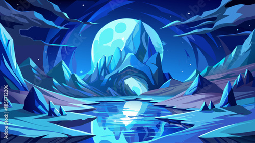 Majestic fantasy winter landscape featuring a glowing blue ice cave opening toward a giant full moon above calm water, with moonlight reflections and icy mountain peaks creating a mystical