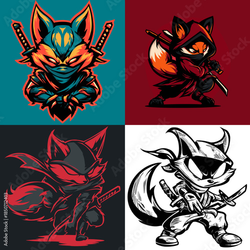 Stylized ninja fox illustration with swords and sharp expression combining stealth and fantasy energy ideal for gaming mascots esports logos and bold character branding.