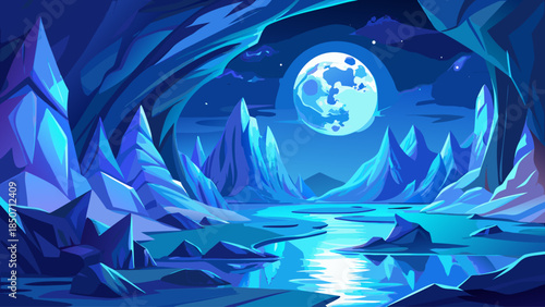 Enchanting fantasy scene of a luminous blue ice cave revealing a tranquil seascape with a massive full moon, moonlit reflections on still water, and frozen mountain silhouettes under a night sky