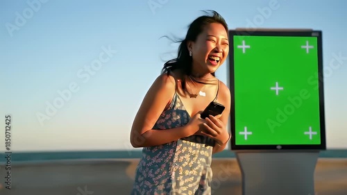 Wallpaper Mural Happy Asian Woman Laughing While Using Smartphone Next to Green Screen Billboard. Torontodigital.ca