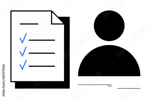 Document with blue check marks beside person silhouette symbolizes task completion, accountability, and user-centric focus. Ideal for productivity, workflow, management, organization, teamwork