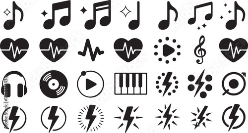 Diverse collection of black silhouette for music sound and energy including notes hearts and