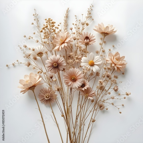 Delicate bouquet of dried flowers in soft pastel hues on a clean white background, evoking a sense of serenity and peacefulness.