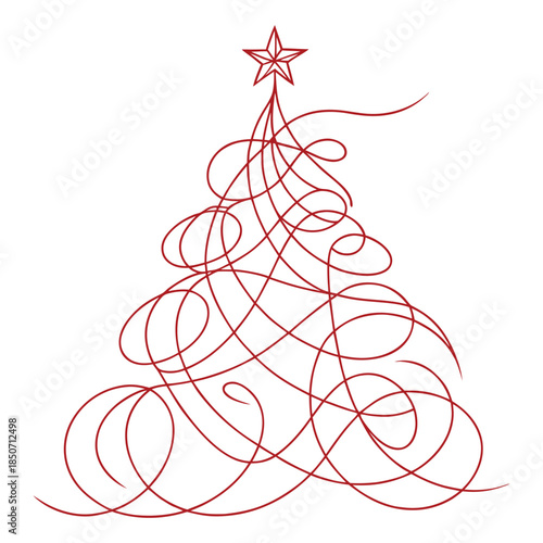 Red line christmas tree with star topper on white background