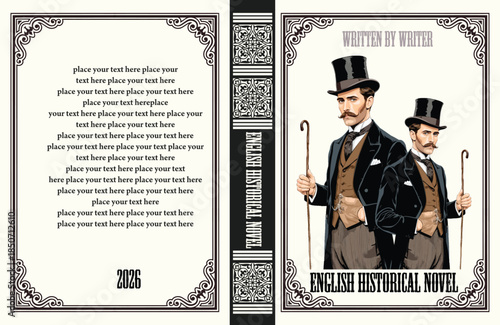 056-12-Victorian gentlemen with top hats and canes providing a vintage book cover design template