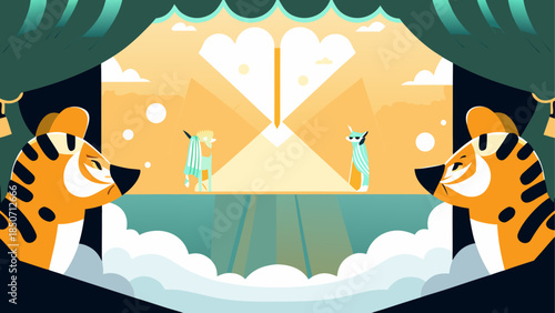 Tigers peeking at a magical stage show